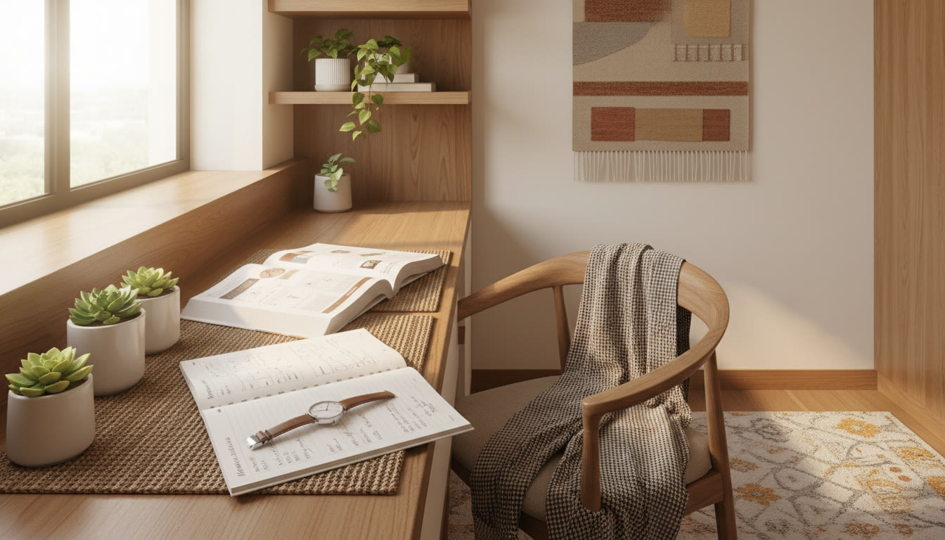 Photo Idea : A calm study nook with soft natural light, a watch, open textbook and neat notes