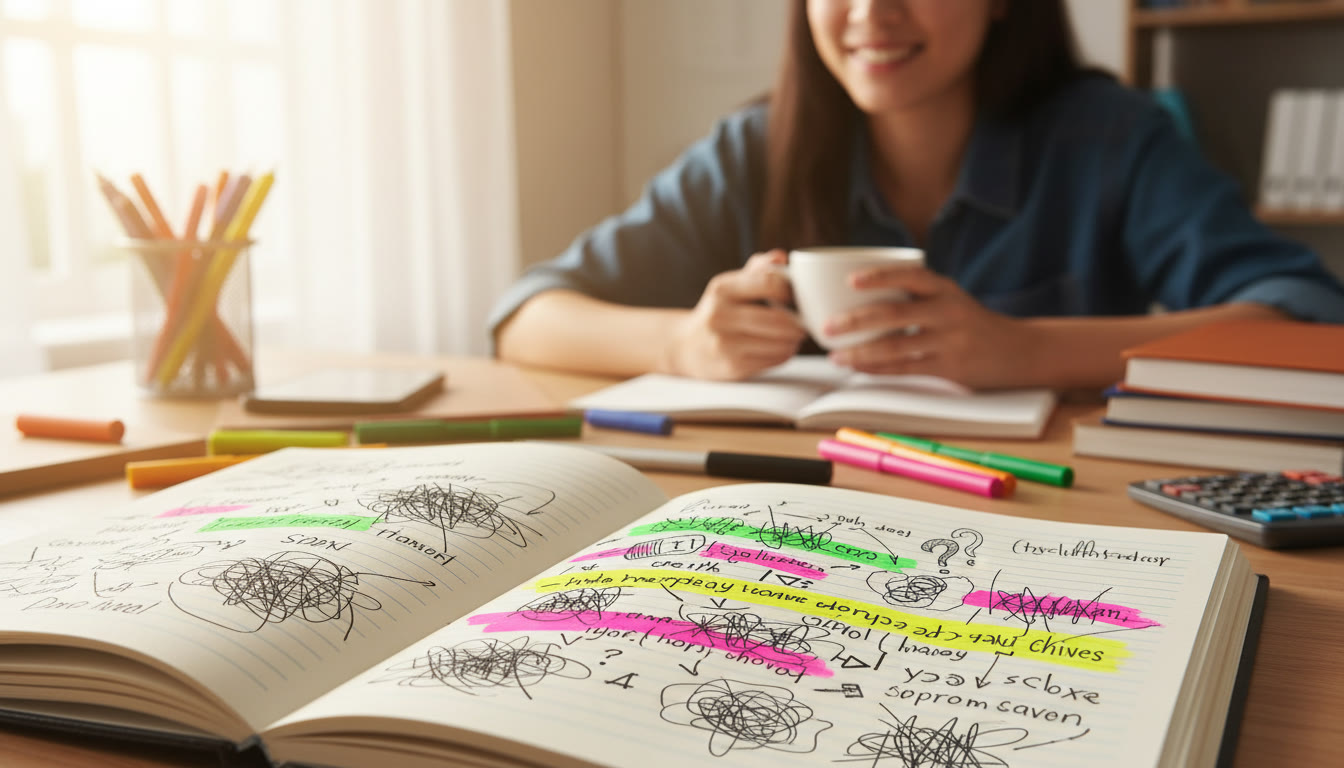 Photo Idea : Close-up of a notebook page showing crossed-out draft ideas and highlighted questions