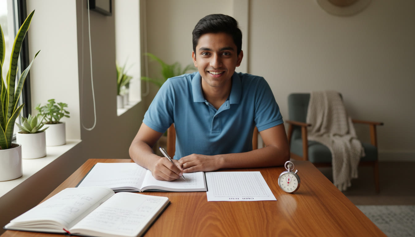 Photo Idea : A student solving a full-length mock on a table with an answer sheet, stopwatch, and neat error-log notebook nearby.
