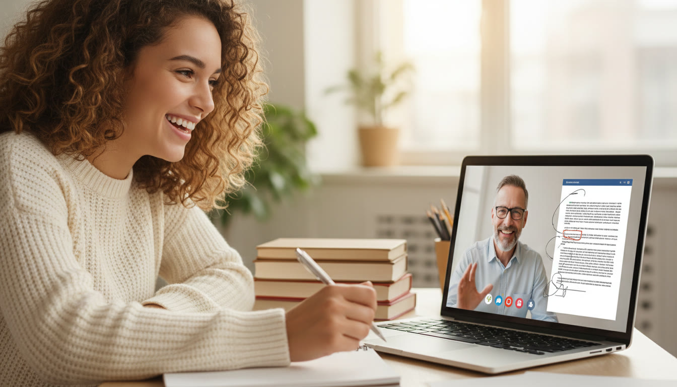 Photo Idea : Close-up of a student and tutor on a video call, annotated essay visible on the screen