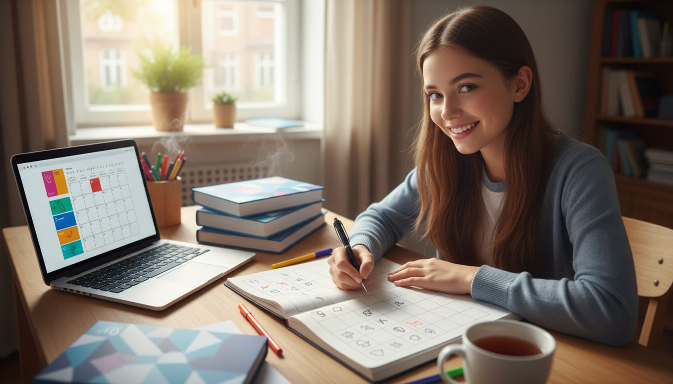 Photo Idea : A student at a desk writing a 30-day plan in a notebook, laptop open to a planner, IB textbooks stacked nearby