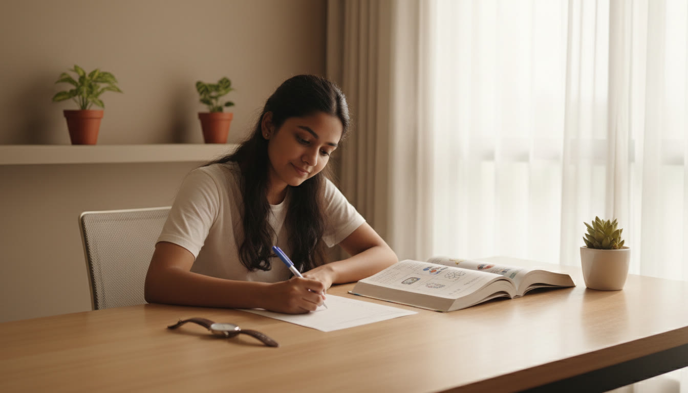Photo Idea : Student calmly writing answers on a neat answer sheet with a watch and a textbook beside them