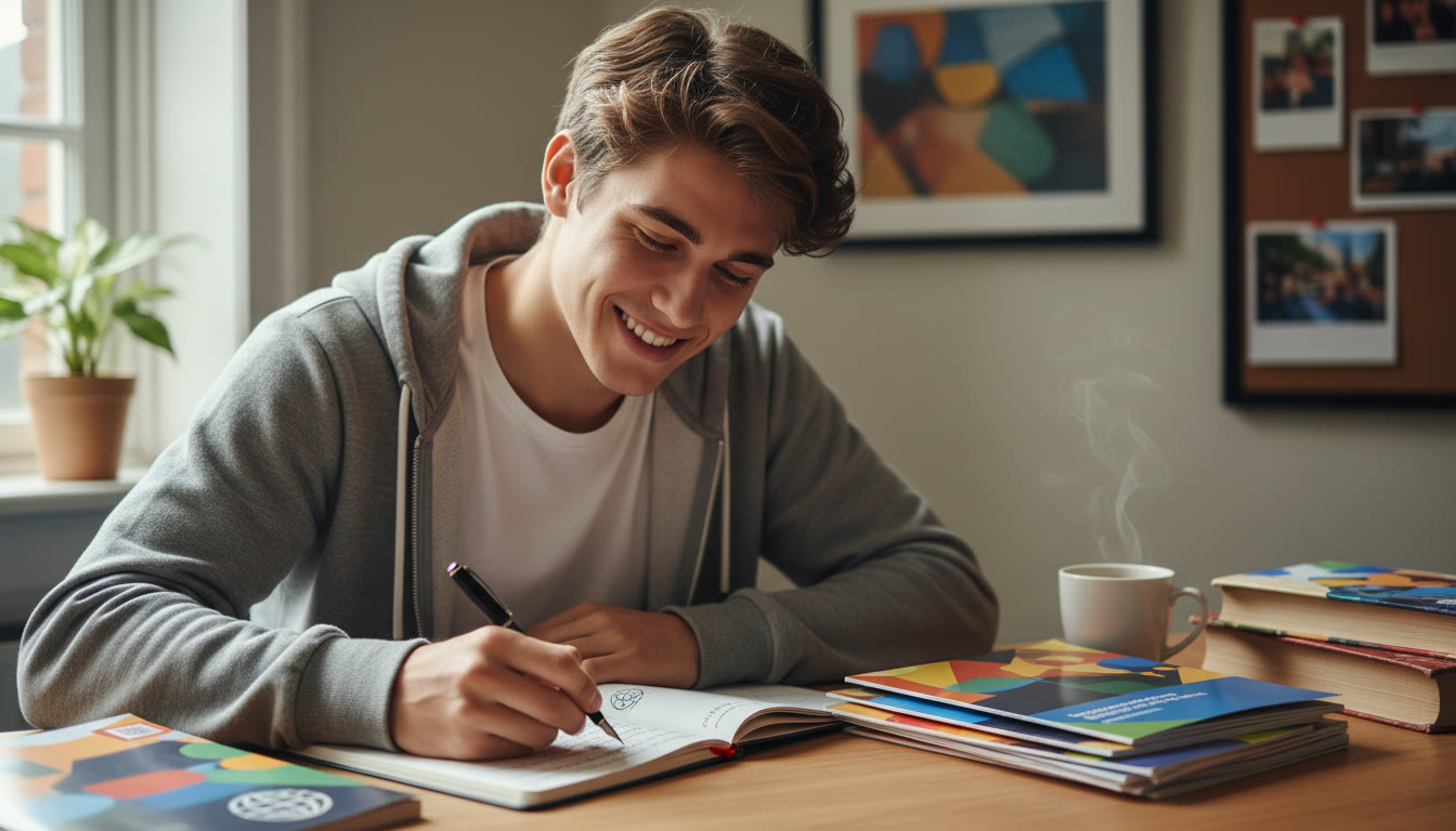 Photo Idea : Close-up of an IB student writing a personal motivation note at a desk, with Dutch-language university brochures nearby