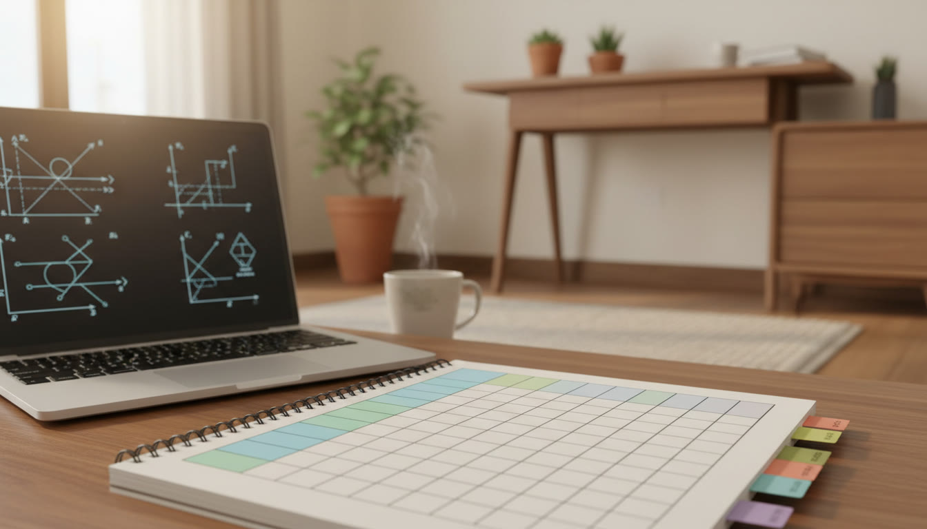 Photo Idea : Close-up of a notebook with a "mistake log" table, colored tabs, and a laptop showing problem solutions