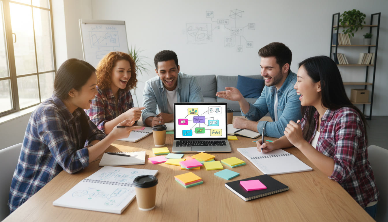 Photo Idea : Students planning a community project around a table with notebooks, sticky notes and a laptop