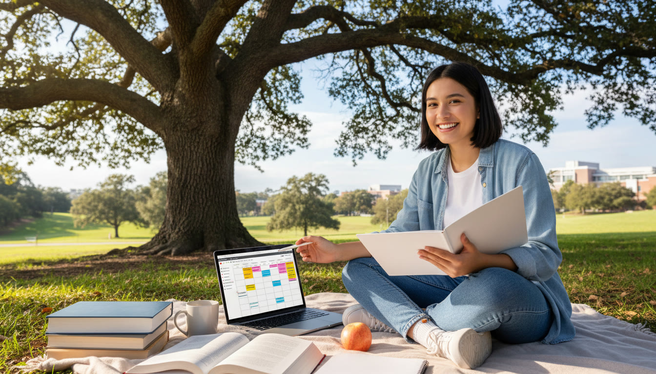 Photo Idea : Student sitting under a tree with IB textbooks and a laptop, planning a study calendar