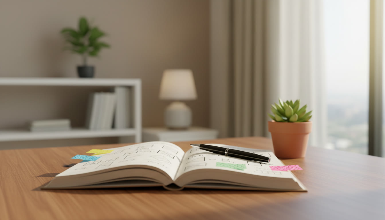 Photo Idea : Open notebook showing categorized mistakes with colored sticky notes and a pen