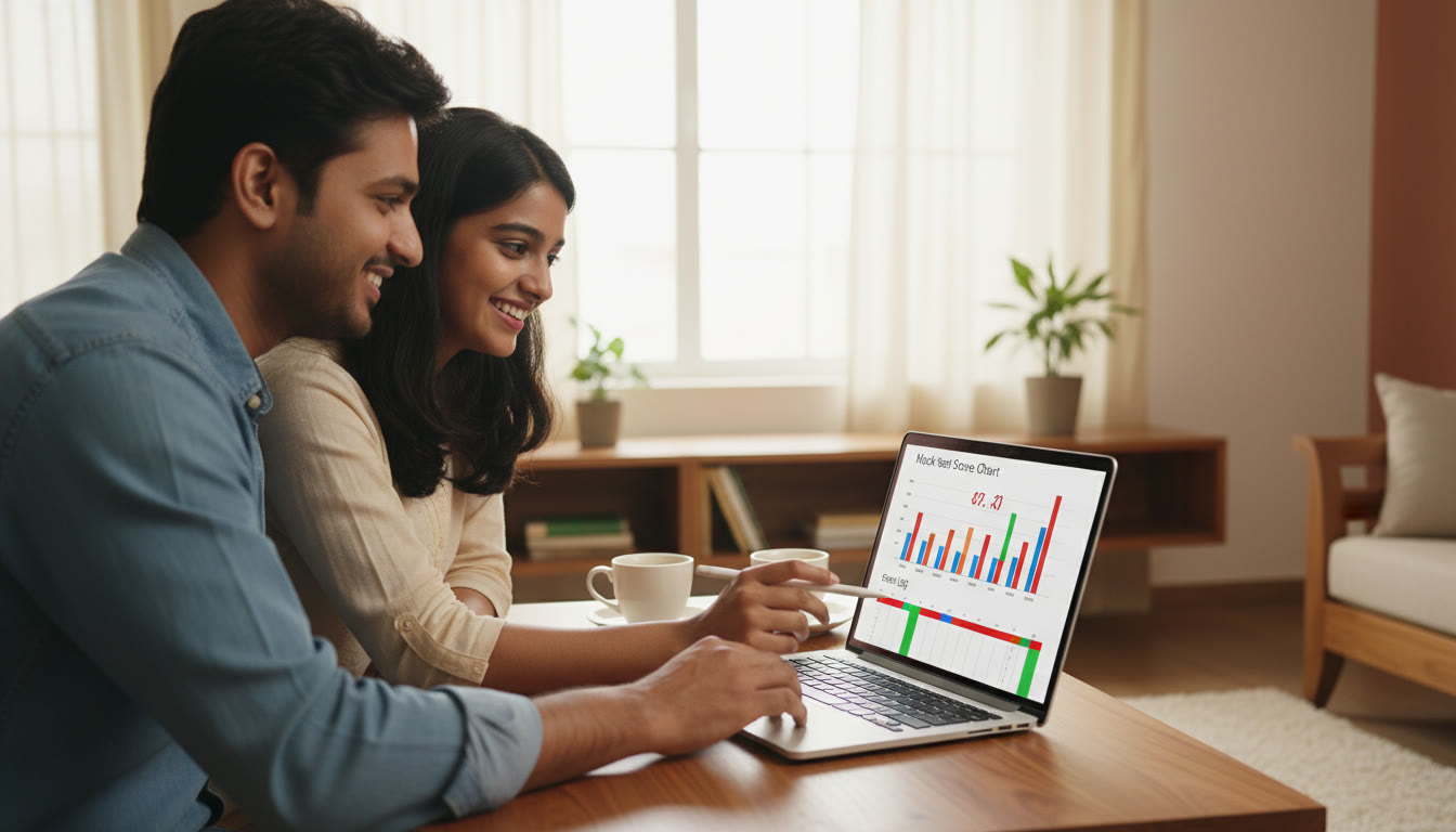 Photo Idea : A student and a tutor reviewing an error-log on a laptop screen with a visible mock-test score chart