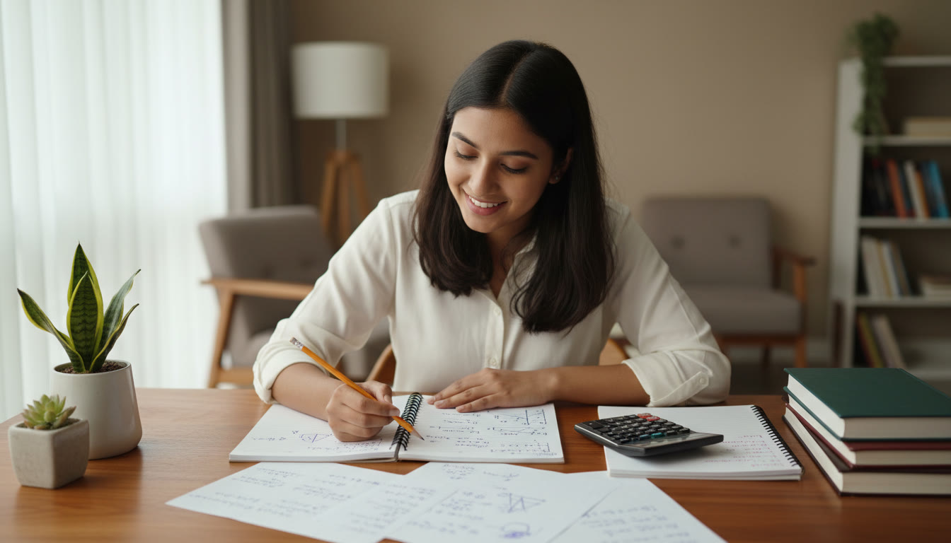 Photo Idea : Close-up of a student solving a physics problem with notes and a calculator nearby