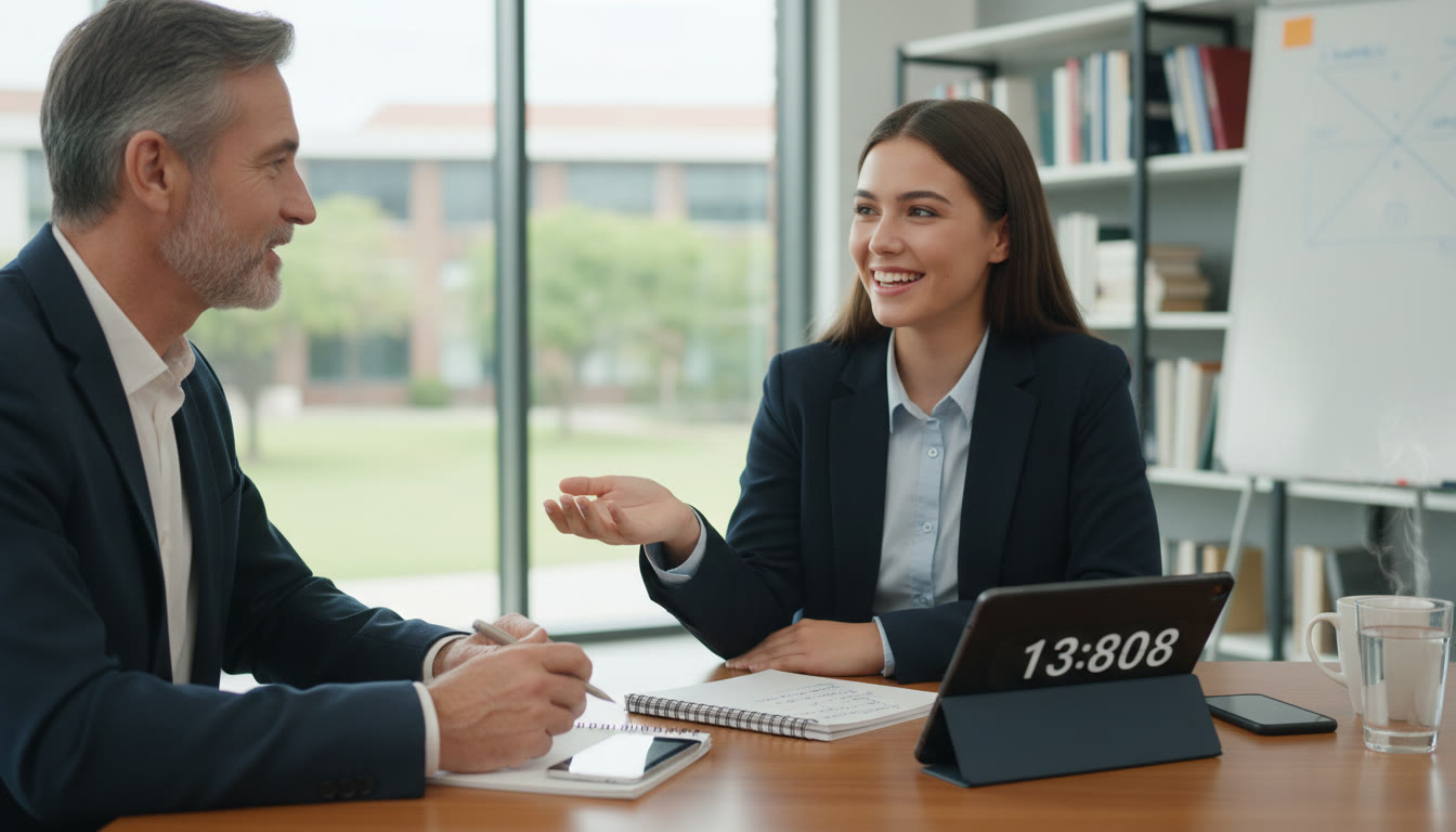 Photo Idea : A student practicing an interview with a coach, notes and a phone timer on the table