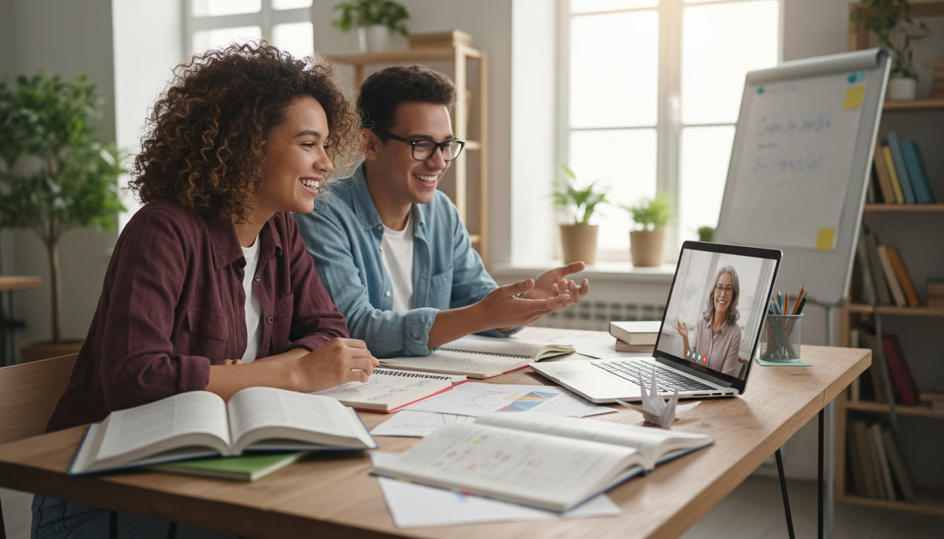 Photo Idea : Two students video-calling a tutor with notes and a laptop, showing collaboration