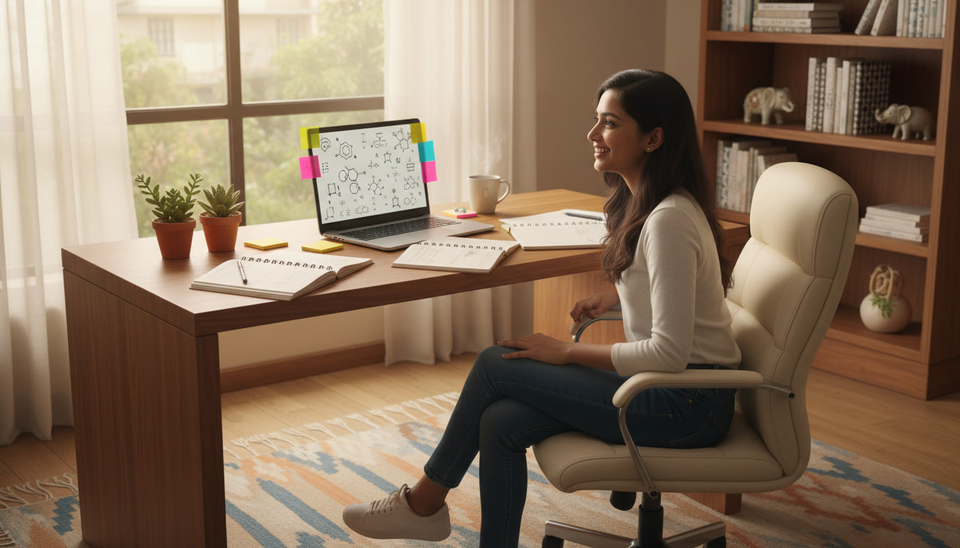 Photo Idea : Student studying chemistry problem on a laptop with notebooks and colored sticky notes around