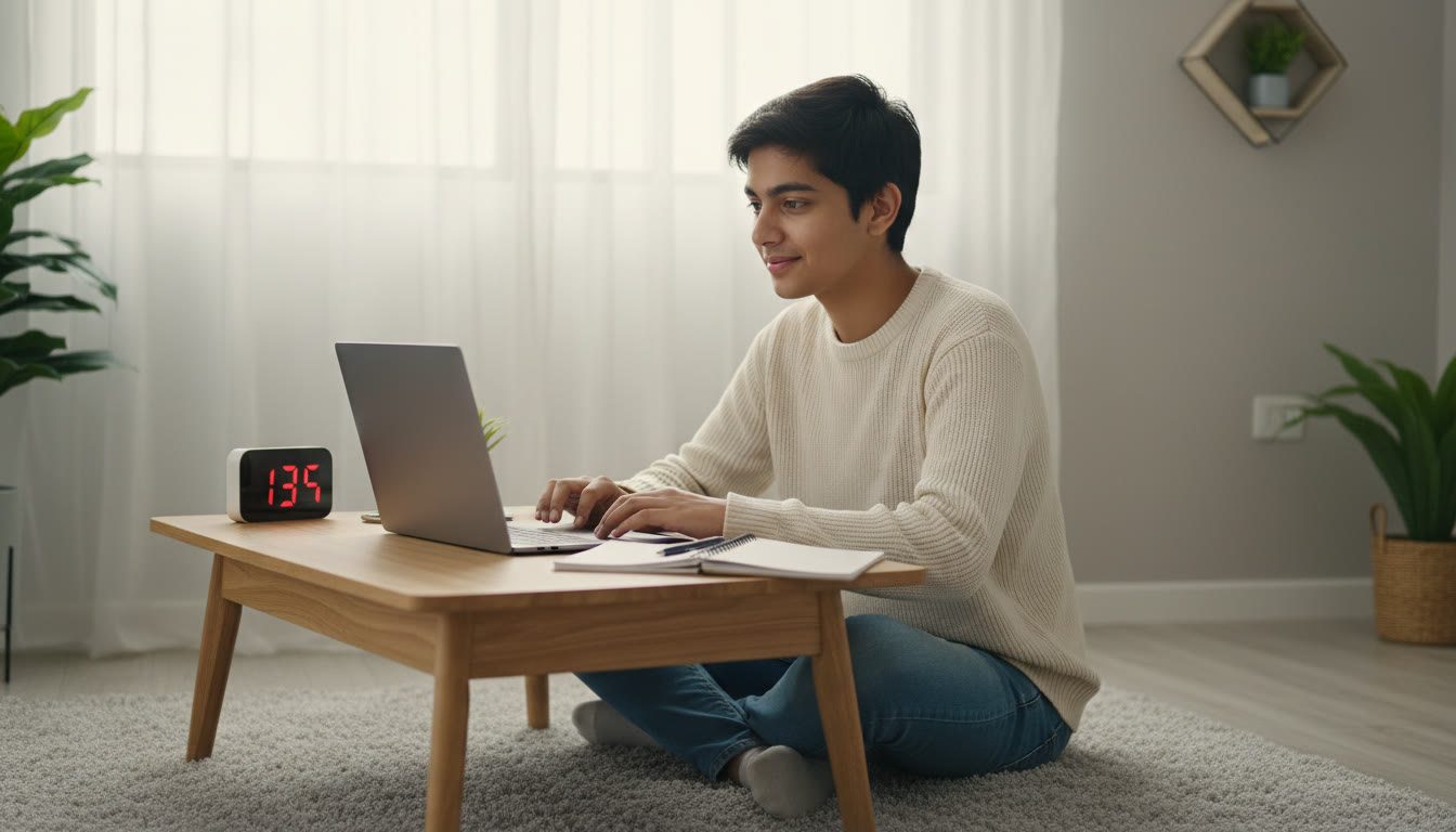 Photo Idea : Student focused at a laptop taking a full-length mock test at a tidy desk with a timer and notepad