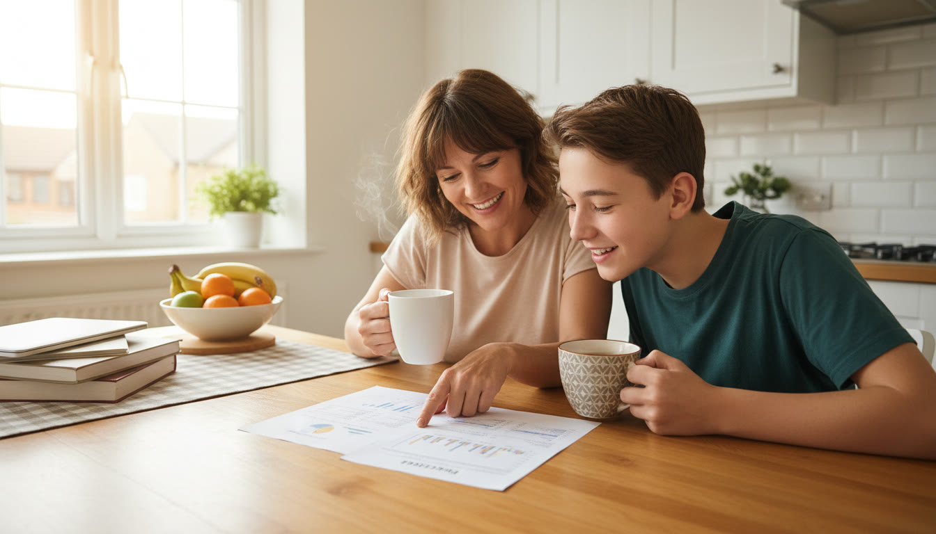Photo Idea : Parent and teenager at a kitchen table reviewing a printed results summary while holding a cup of tea