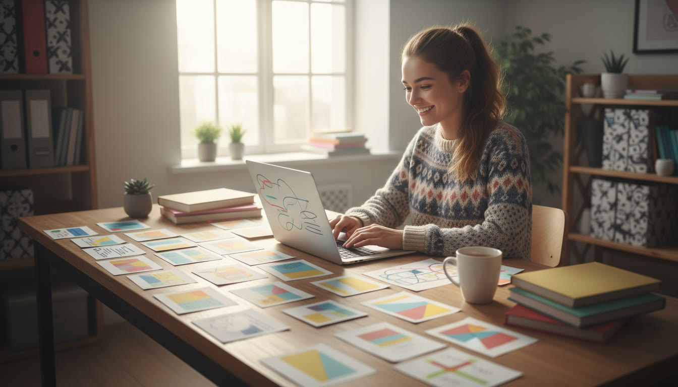 Photo Idea : Student at desk surrounded by neatly labelled research notes and a laptop displaying a draft essay
