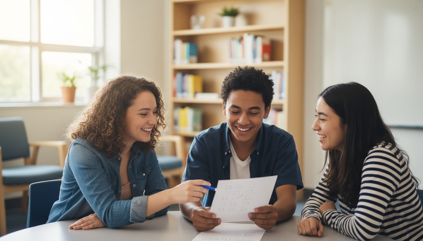 Photo Idea : a small group of students in a school counselling room reviewing a simple checklist together
