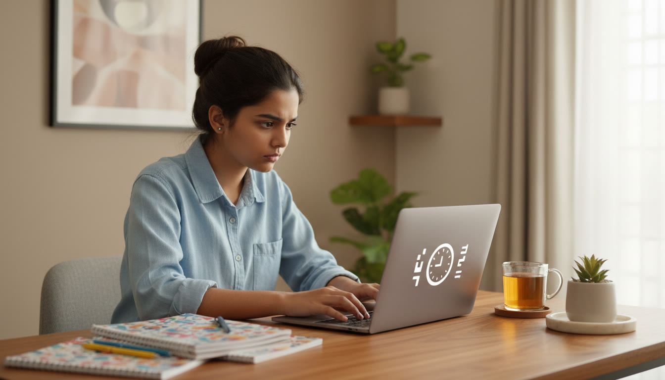 Photo Idea : A focused student at a desk with a laptop showing a mock-test timer, organized notebooks, and a cup of coffee.