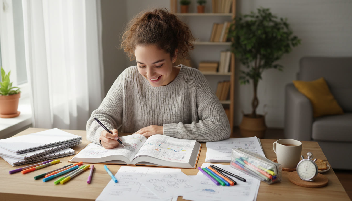 Photo Idea : A student at a desk with open psychology notes, colored pens, and a stopwatch on the side