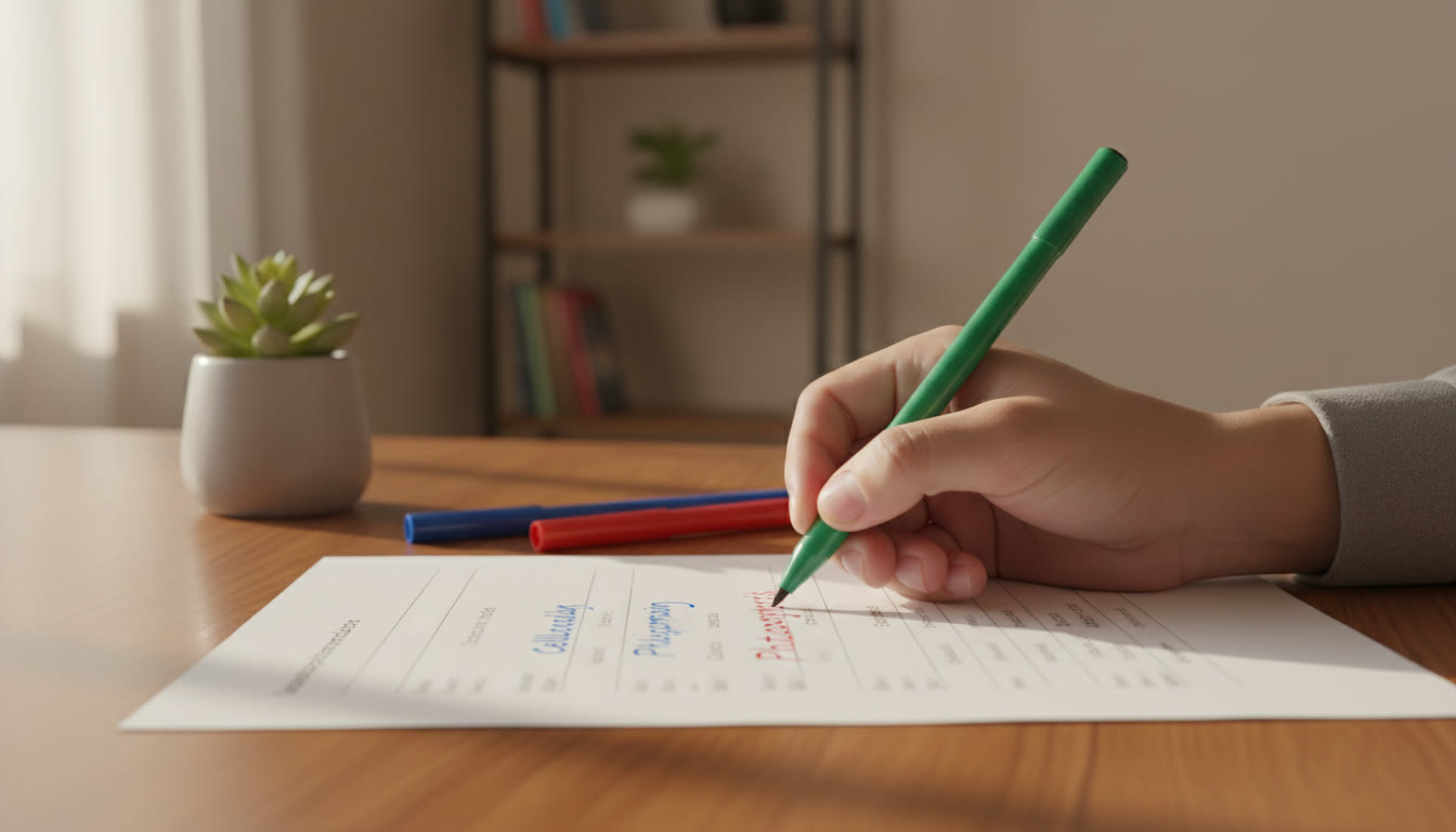 Photo Idea : A close-up of a hand underlining keywords on a printed question paper with colored pens