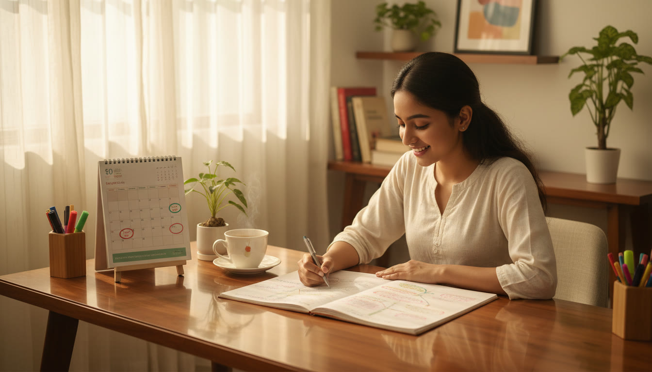 Photo Idea : Student at a desk with neatly organized revision notes, a calendar marked with mock-test dates, and a cup of tea