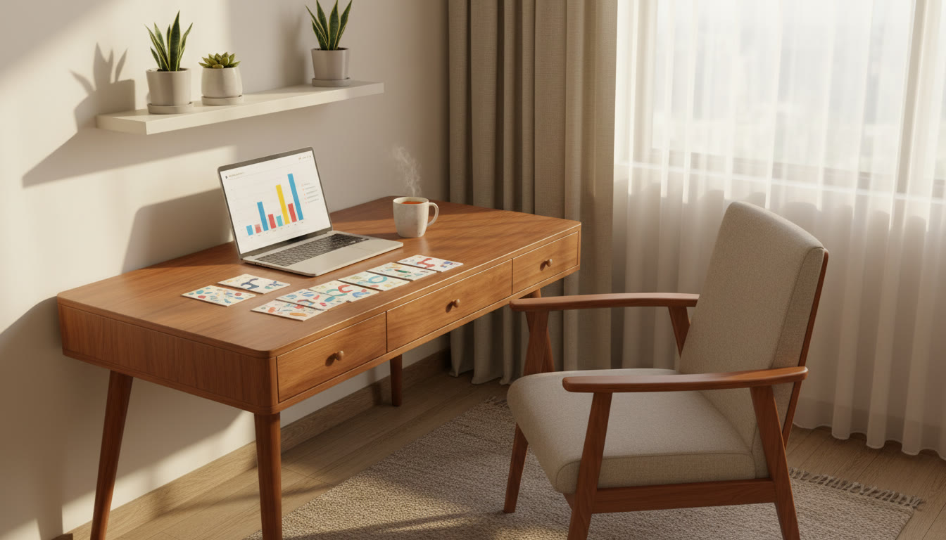Photo Idea : A study corner with neatly organized error-log cards, a laptop showing a mock-test score chart, and a mug of tea.