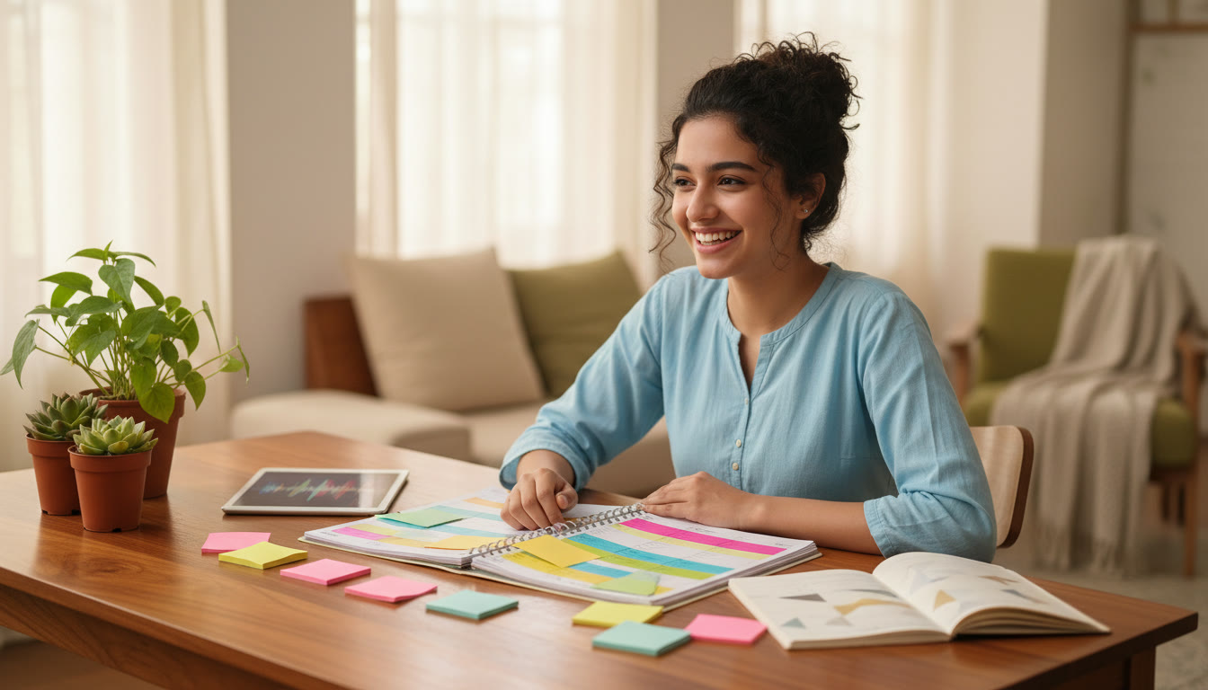 Photo Idea : A student with a colourful chapter-wise planner and sticky notes spread across a desk