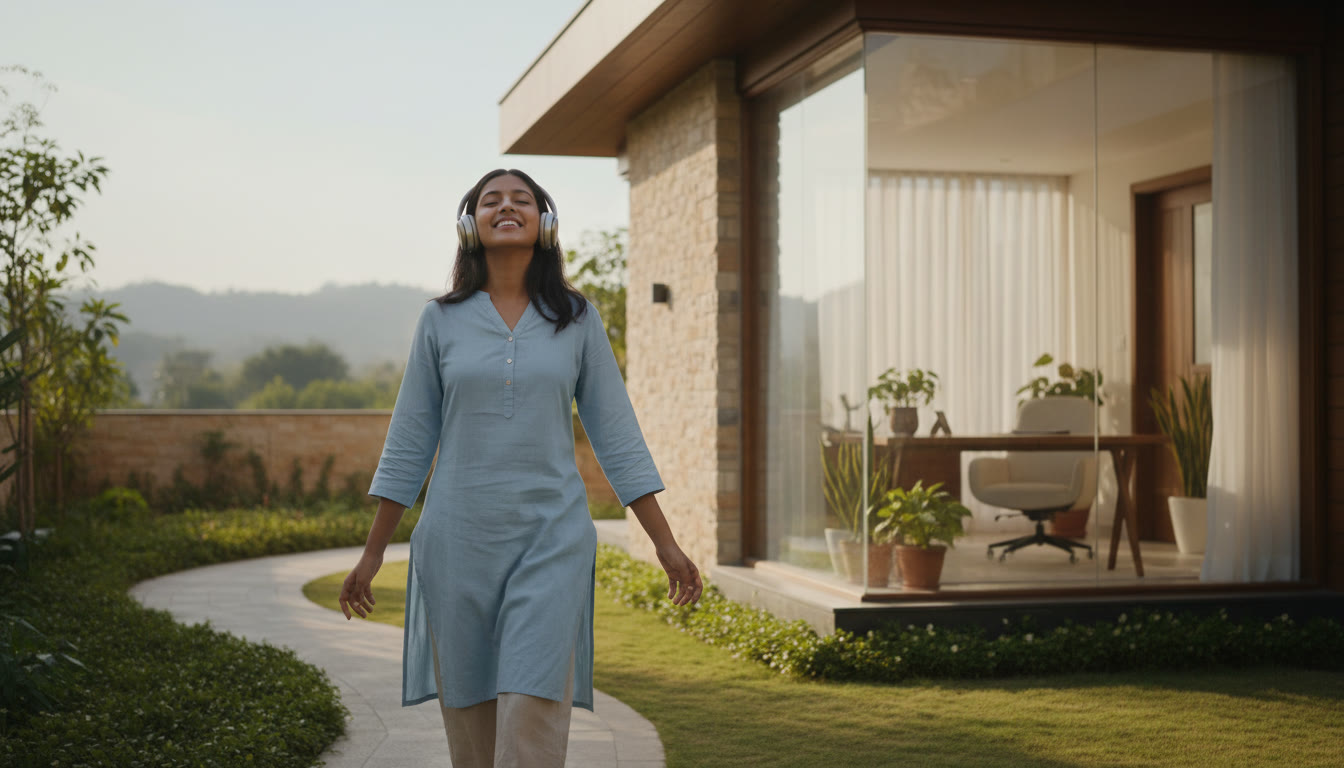 Photo Idea : A student taking a short walk outside with headphones, breathing deeply and smiling