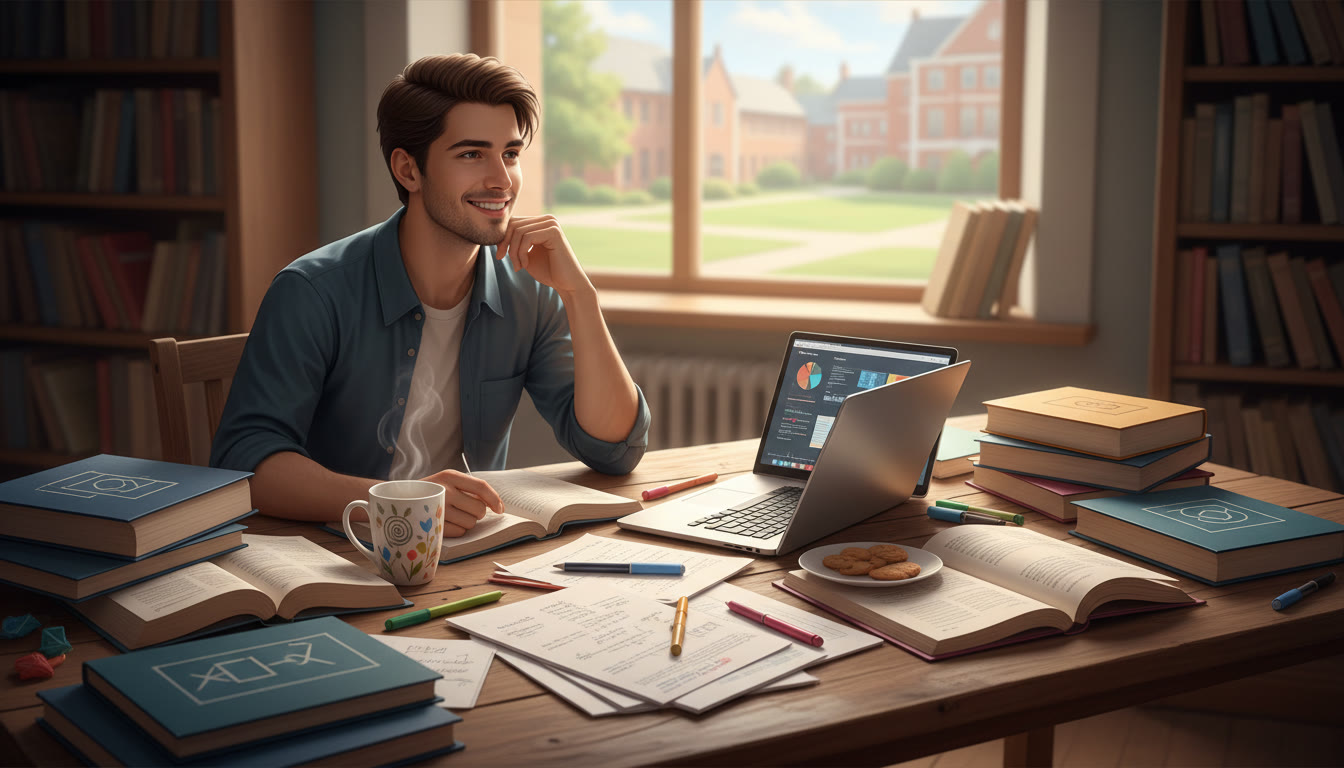 Photo Idea : A student at a desk surrounded by books, a laptop, handwritten notes, and a cup of tea, looking thoughtful.