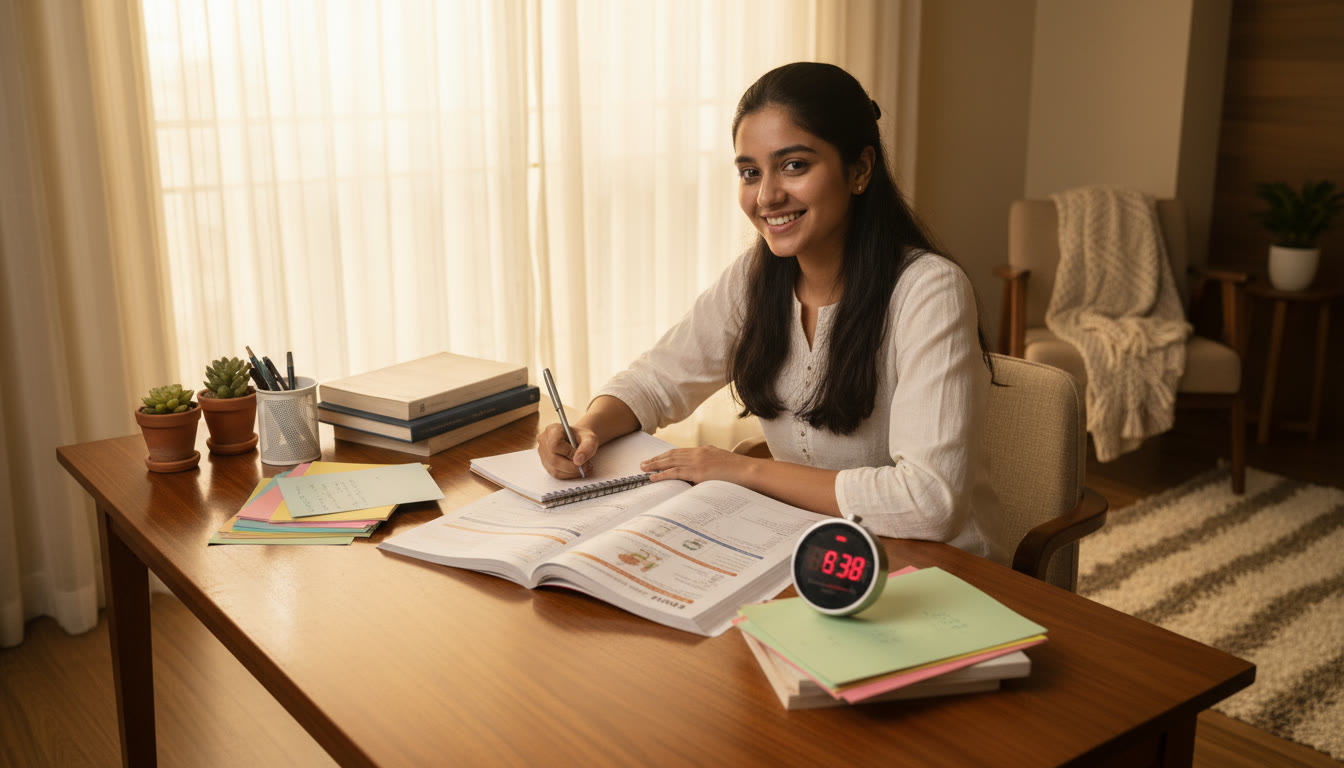 Photo Idea : Student at a desk solving a timed sample paper with a visible stopwatch and neat notes