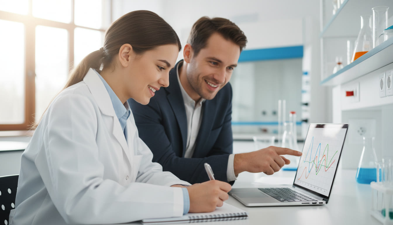 Photo Idea : Student in a lab notebook writing notes while a mentor points at a laptop screen showing a graph
