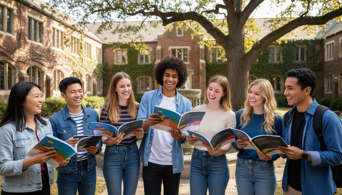 Photo Idea : Group of international students holding university brochures and smiling in a campus courtyard