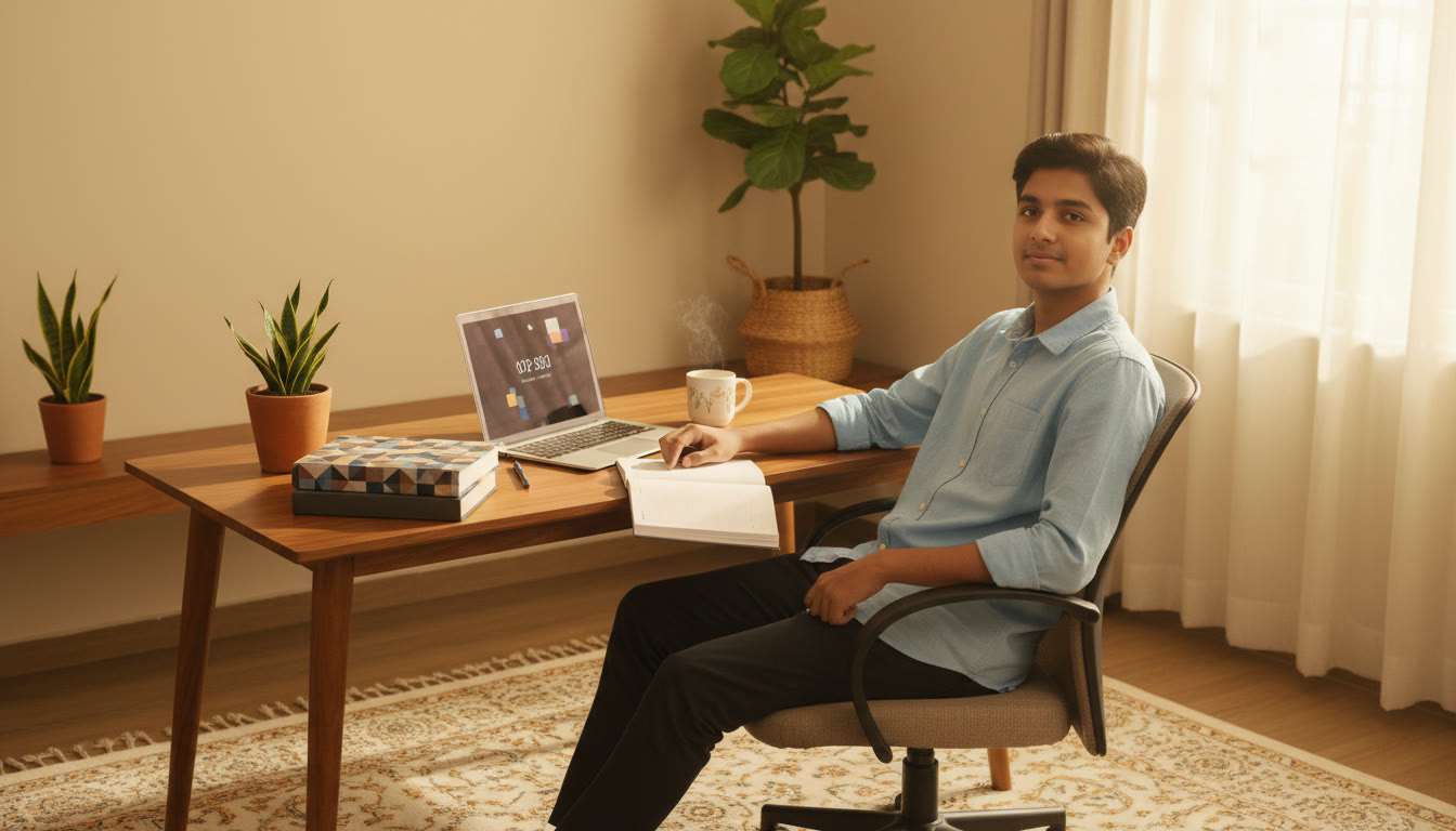 Photo Idea : A calm student at a desk with textbooks open and a laptop showing a mock test timer