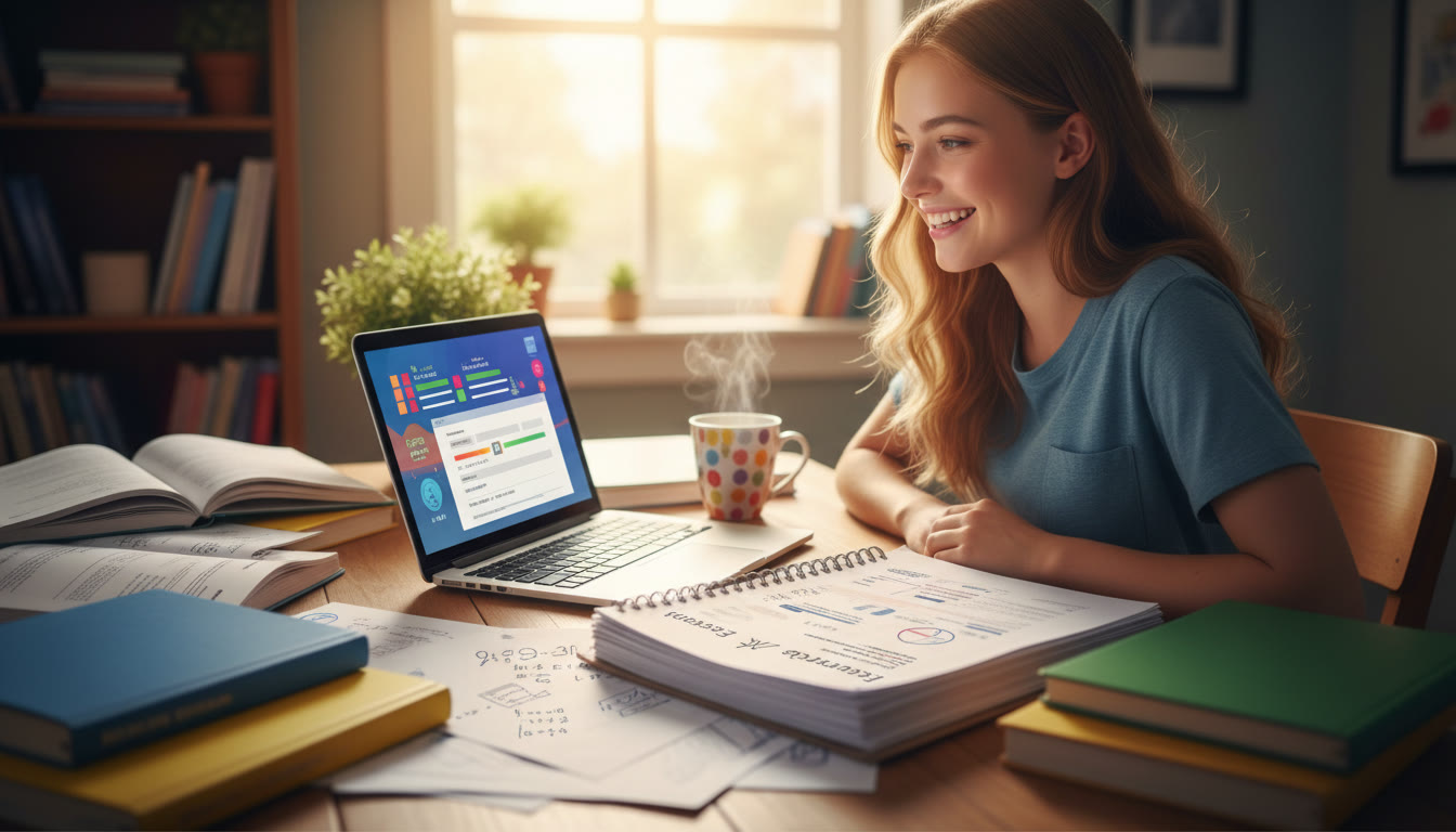 Photo Idea : a student at a desk surrounded by notebooks, an Extended Essay draft visible, and a laptop displaying a college application form