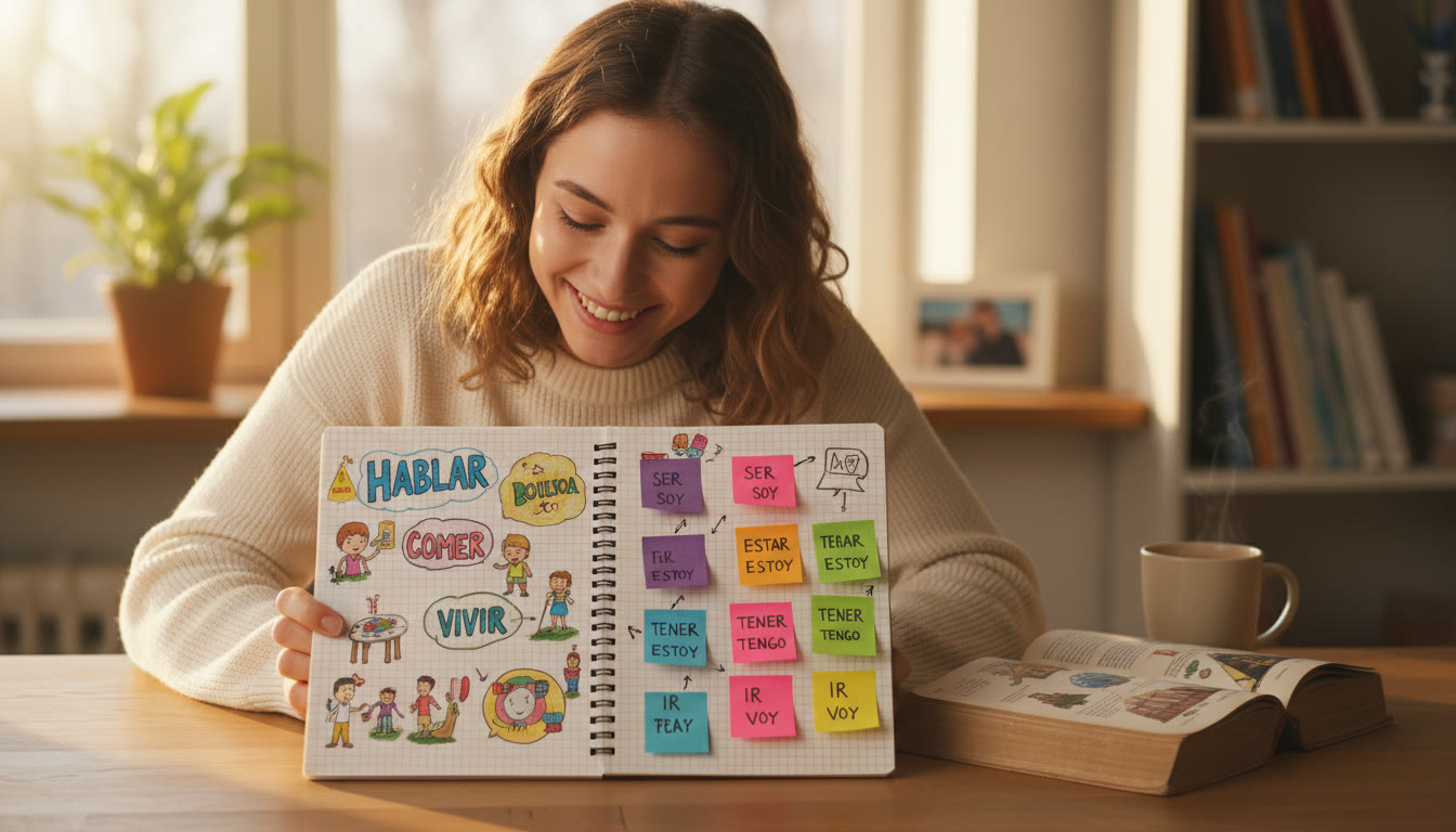 Photo Idea : Student at a desk with Spanish notes, a notebook open to verbs and colorful sticky notes