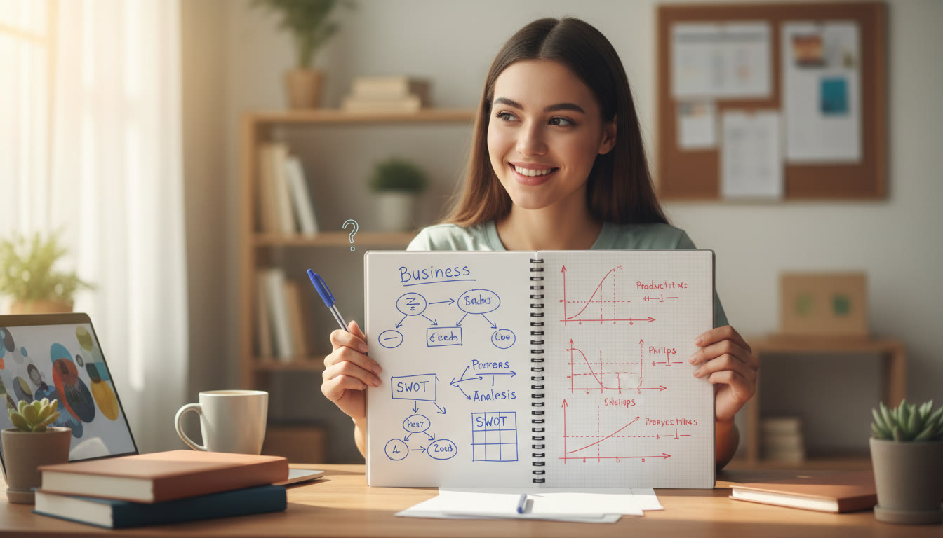 Photo Idea : A student with an open notebook, one page filled with business diagrams and the other with economics graphs, deciding which to circle