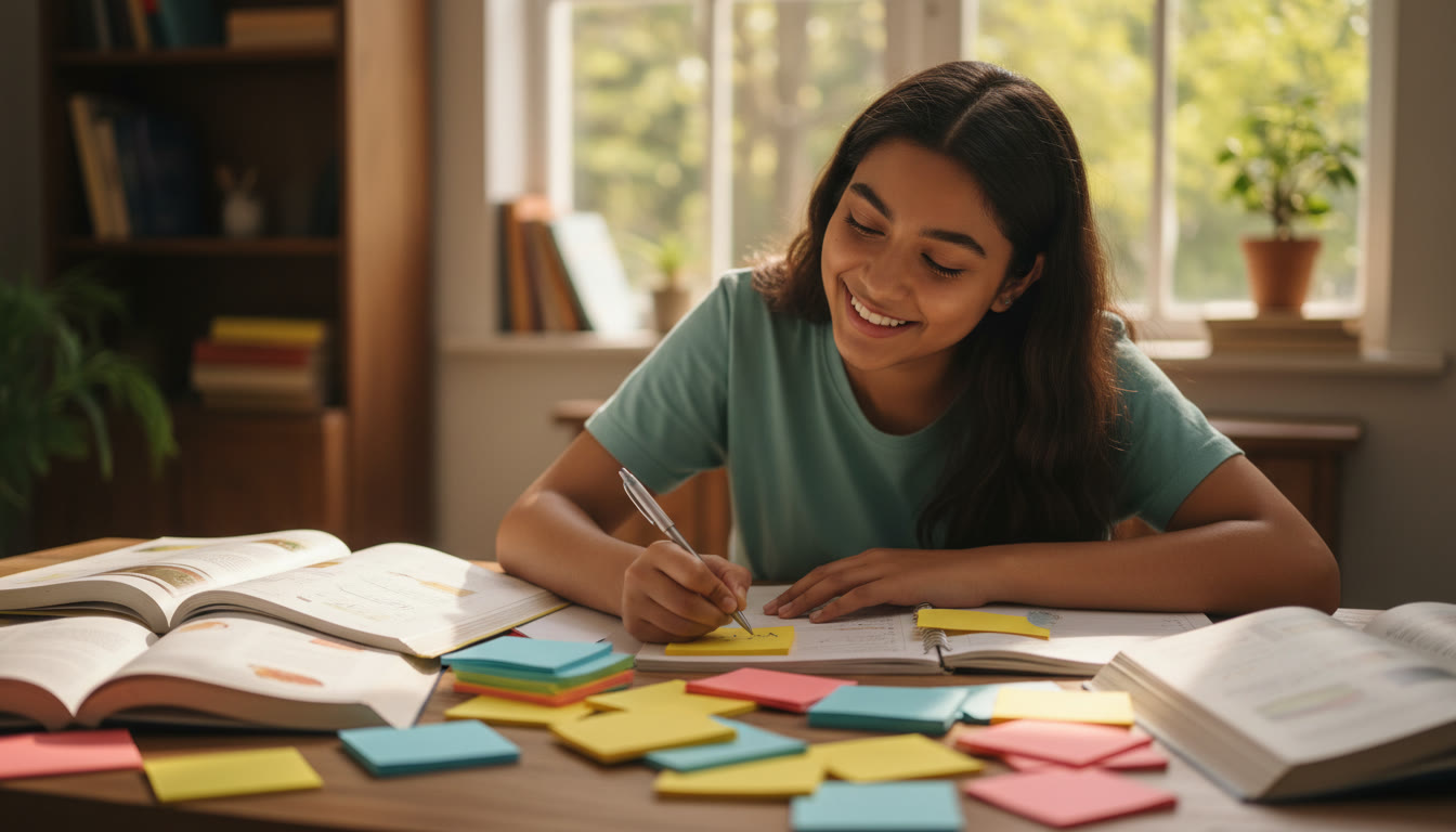 Photo Idea : A student at a desk surrounded by colourful index cards and open books, writing a question on a sticky note.