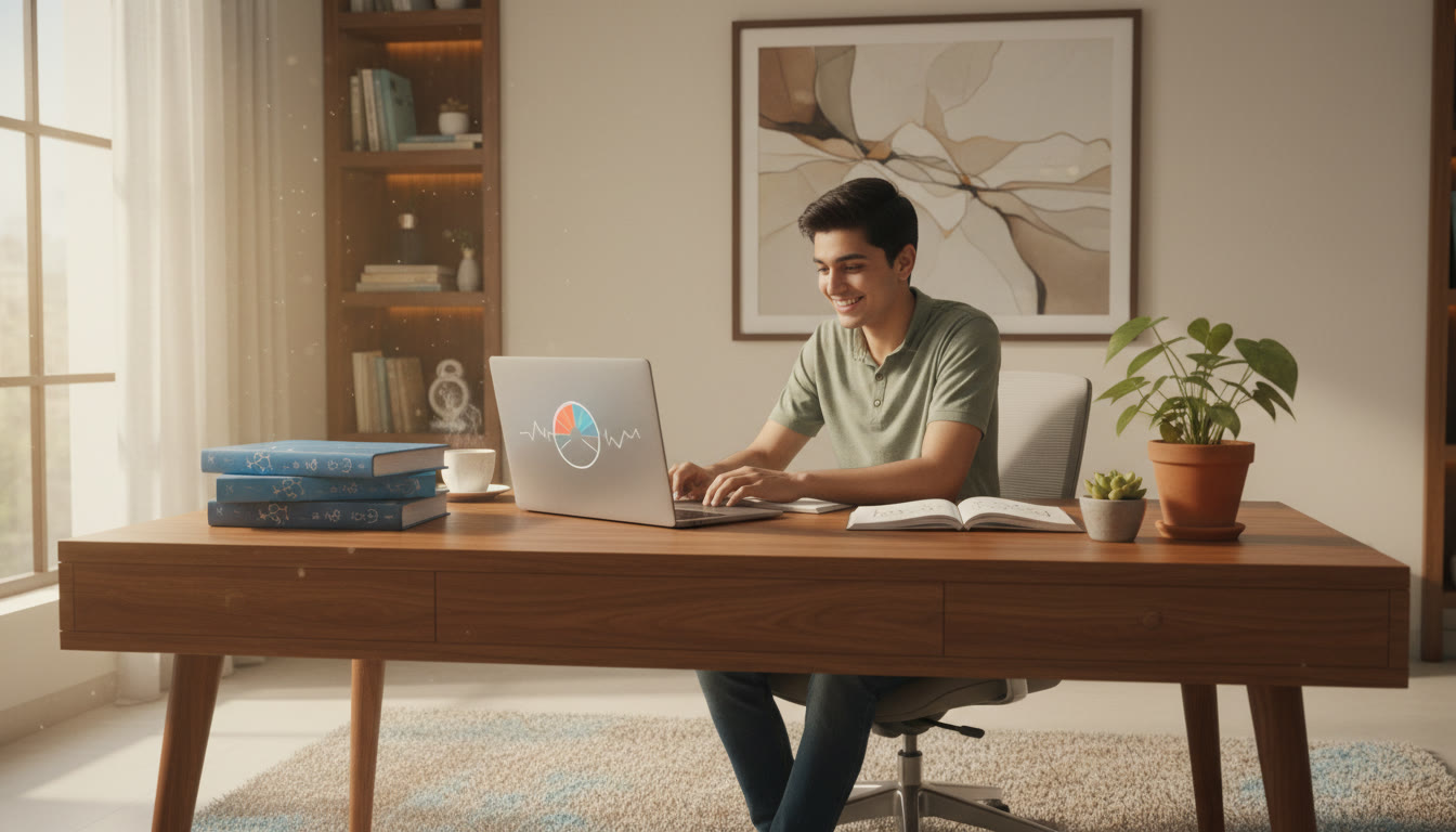 Photo Idea : focused Class 12 student studying at a desk with NEET books and a laptop showing a mock test timer