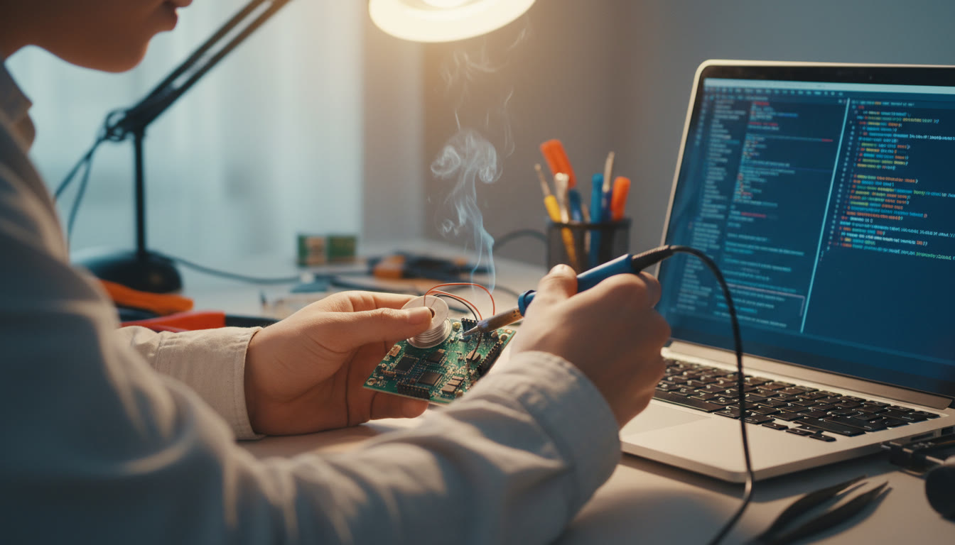 Photo Idea : Close-up of student hands soldering a small circuit board beside a laptop running code
