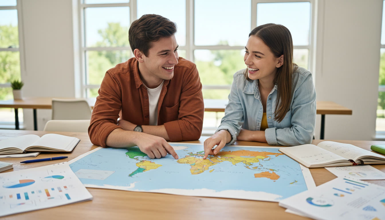 Photo Idea : Two students discussing a labelled world map and pointing at different case study locations