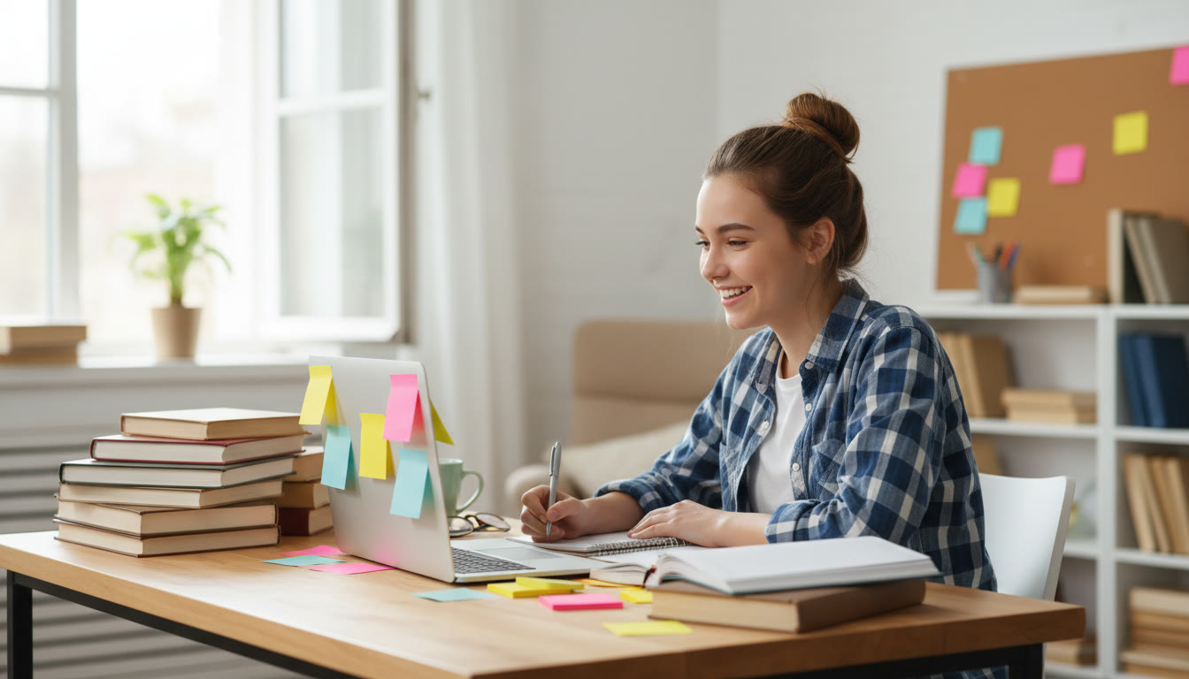 Photo Idea : a student at a desk with a laptop and notebook, surrounded by IB textbooks and colourful sticky notes