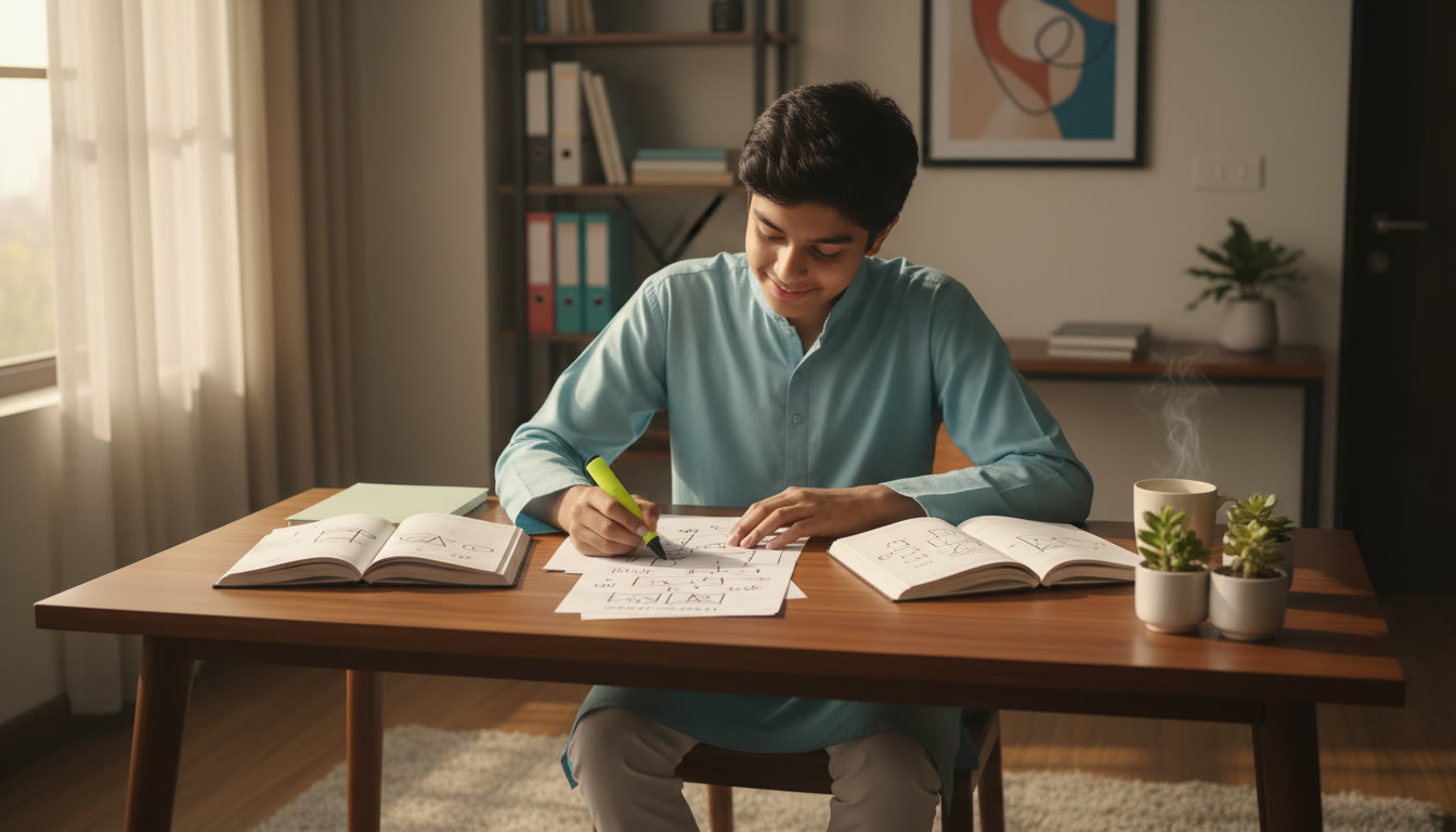 Photo Idea : [A focused student at a tidy desk with annotated notes and a mock test paper, morning light]