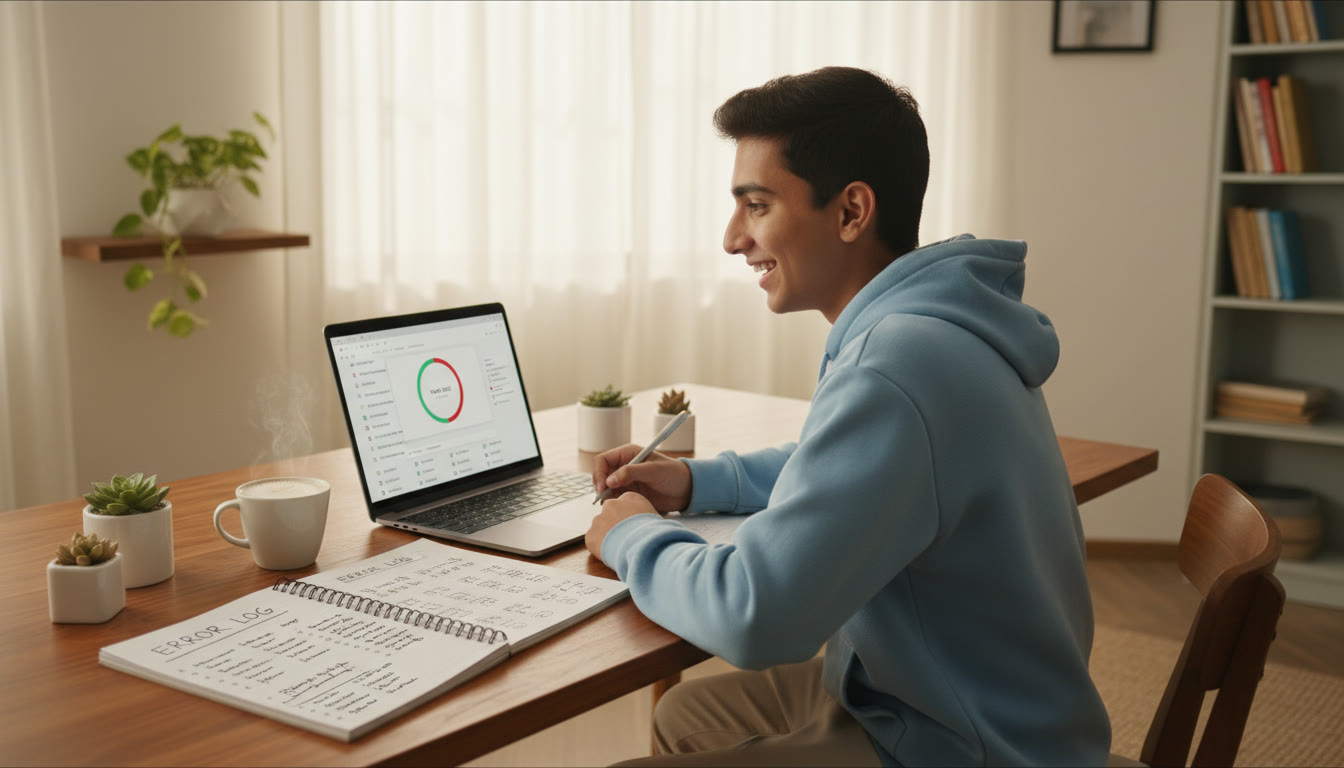 Photo Idea : A focused student at a desk with a laptop showing a timed mock, a notebook of error logs, and a cup of coffee