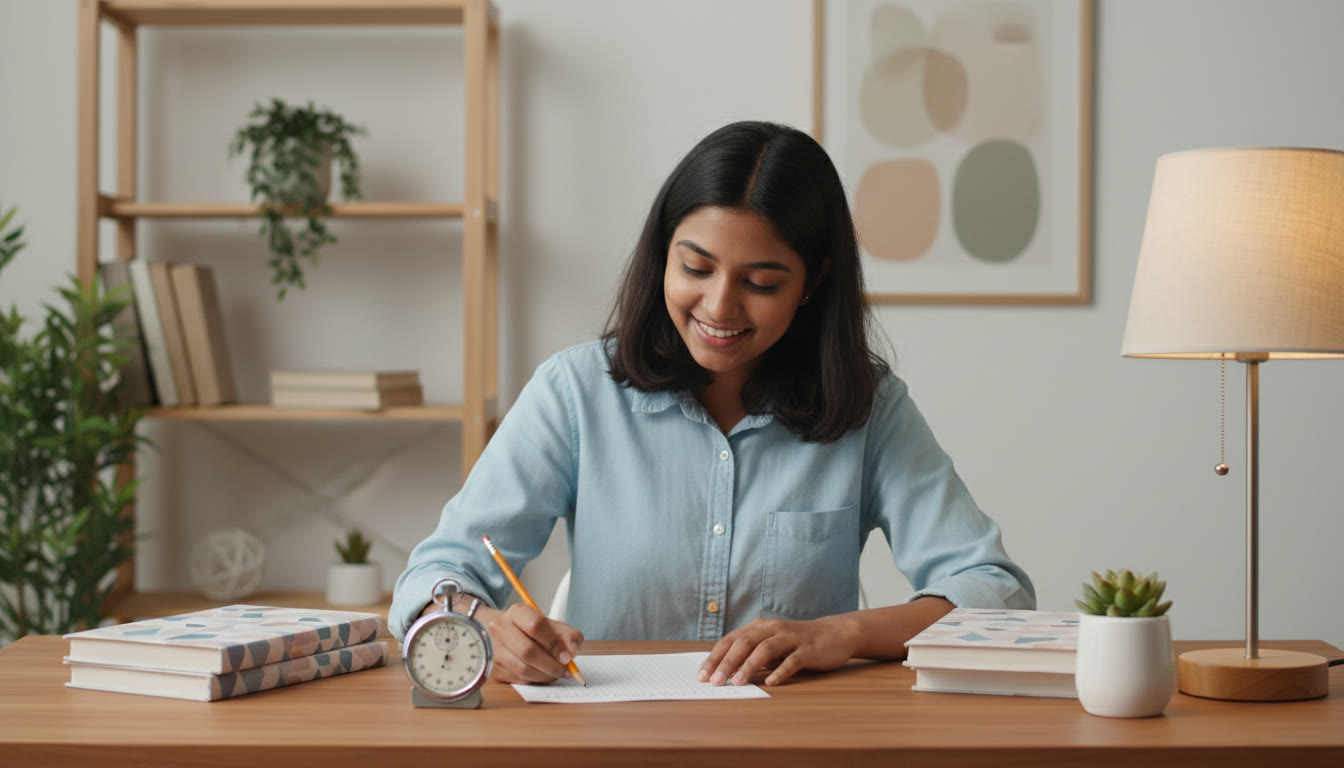 Photo Idea : Student at a tidy desk taking a timed mock test with a stopwatch and answer sheet nearby