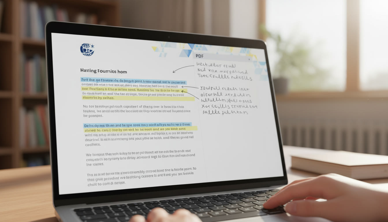 Photo Idea : Close-up of a PDF on a laptop screen with highlighted text and typed margin notes visible