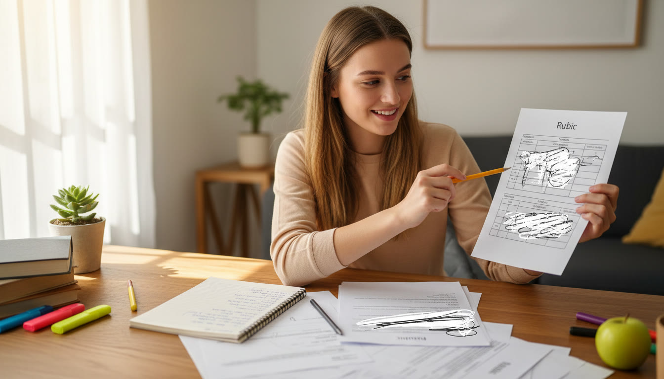 Photo Idea : Student at a desk comparing a printed IA rubric with their draft and notes