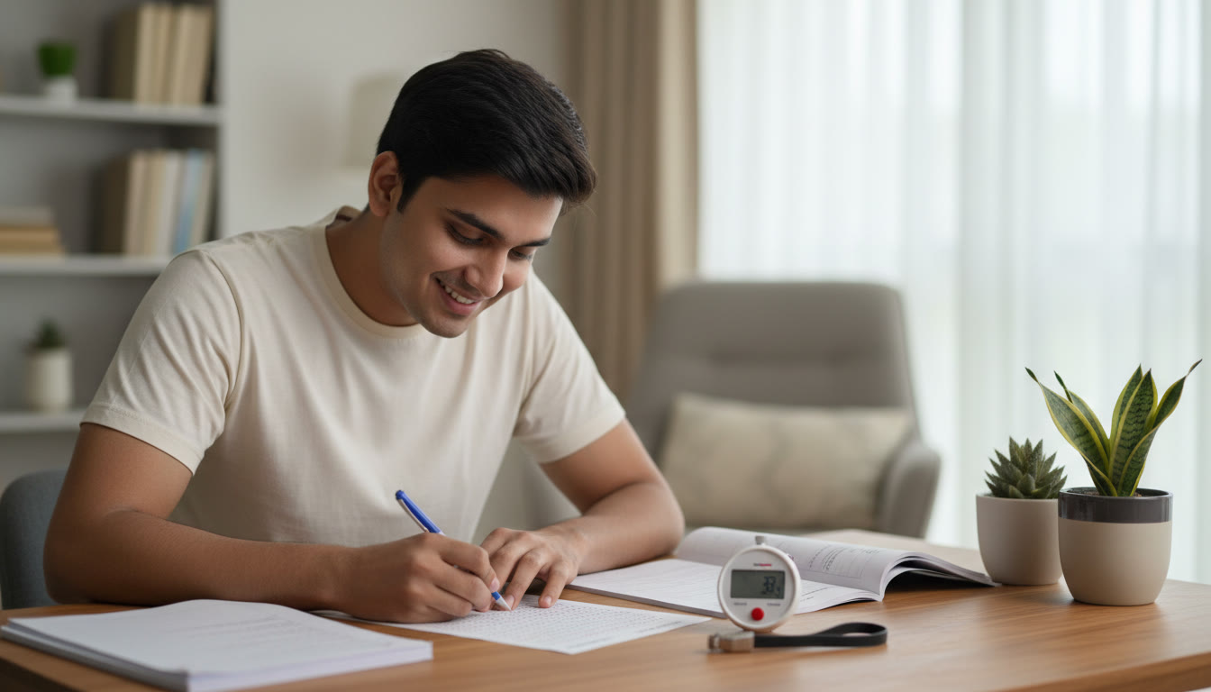 Photo Idea : a student taking a timed mock test with stopwatch and an OMR sheet on a table