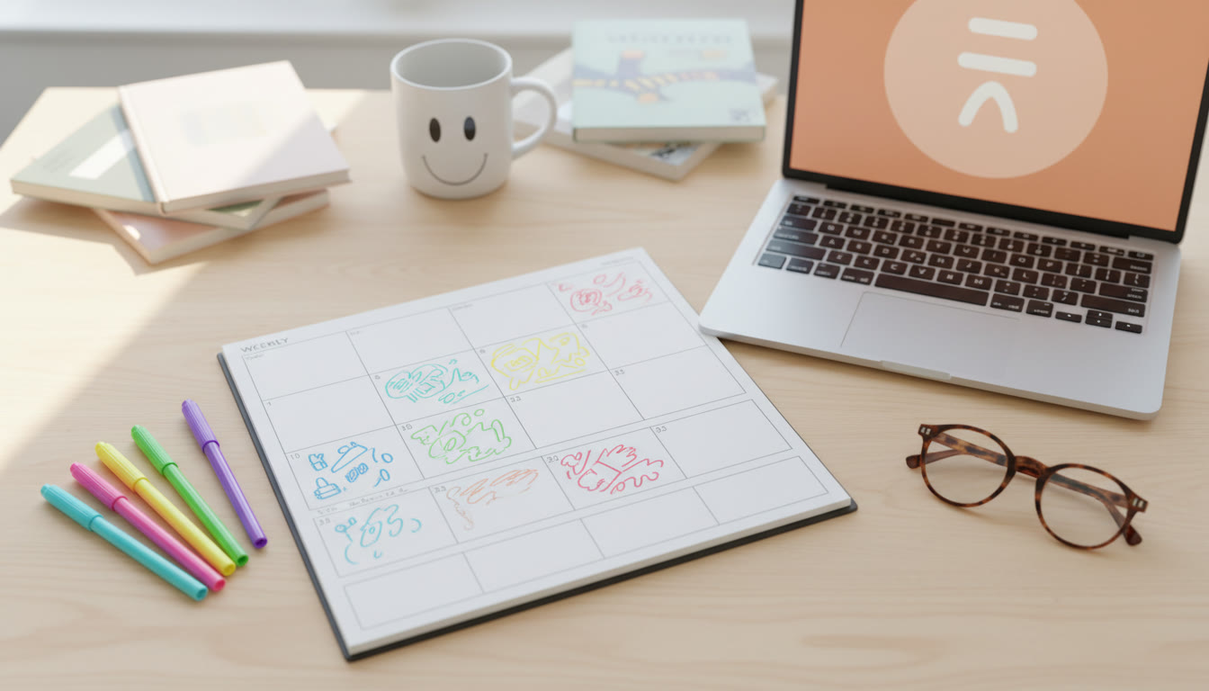 Photo Idea : top-down view of a weekly planner next to colored pens and a laptop with a closed tab showing 