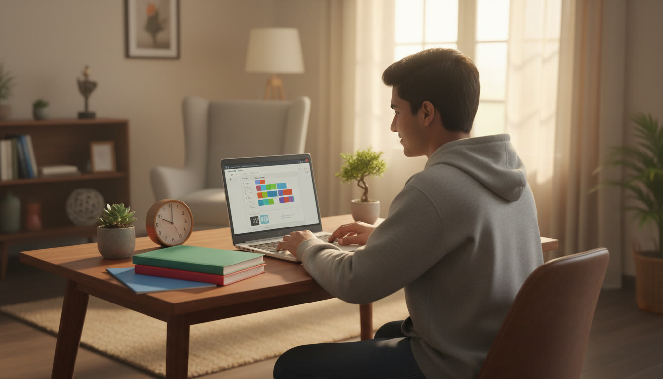 Photo Idea : A focused student at a tidy desk with a clock, notebooks labeled Physics/Chemistry/Mathematics, and a laptop showing a mock test interface