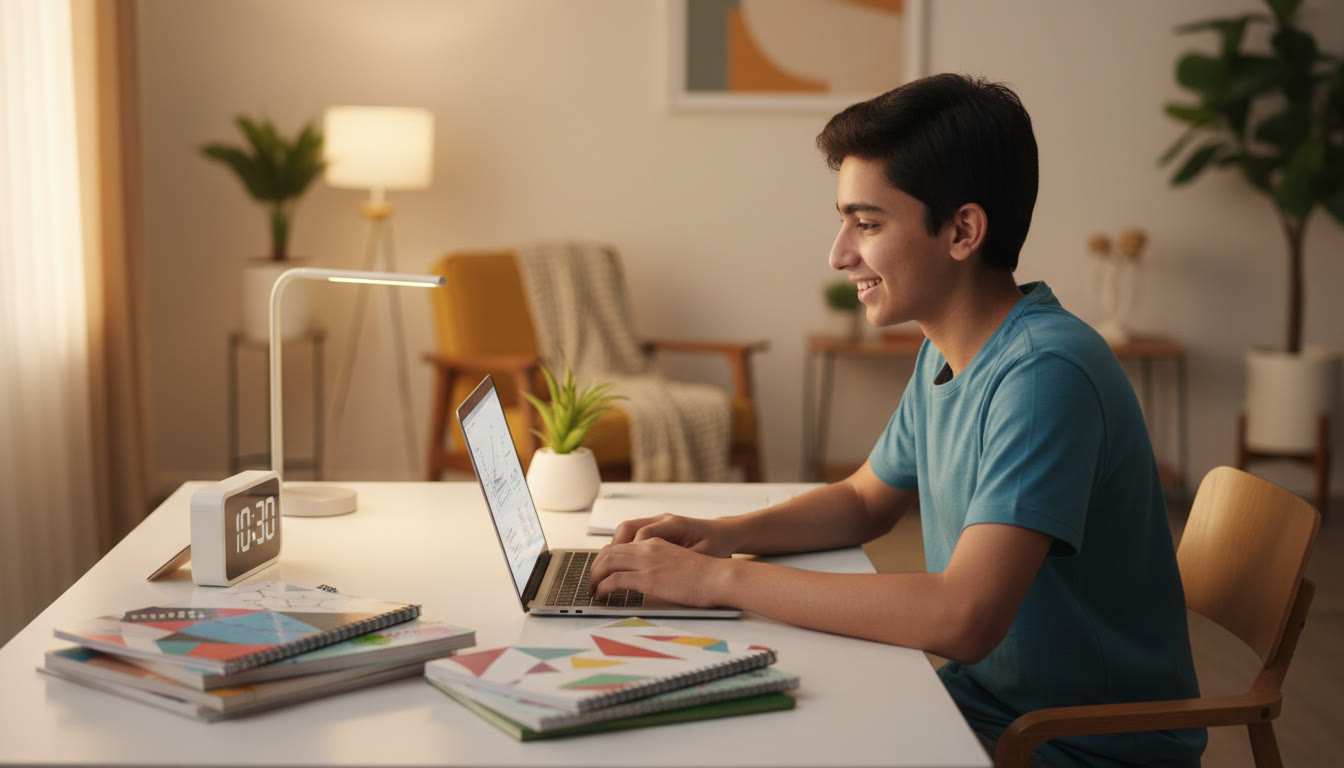 Photo Idea : student at a tidy study desk with labeled notebooks, a clock showing study time, and a laptop displaying a practice question