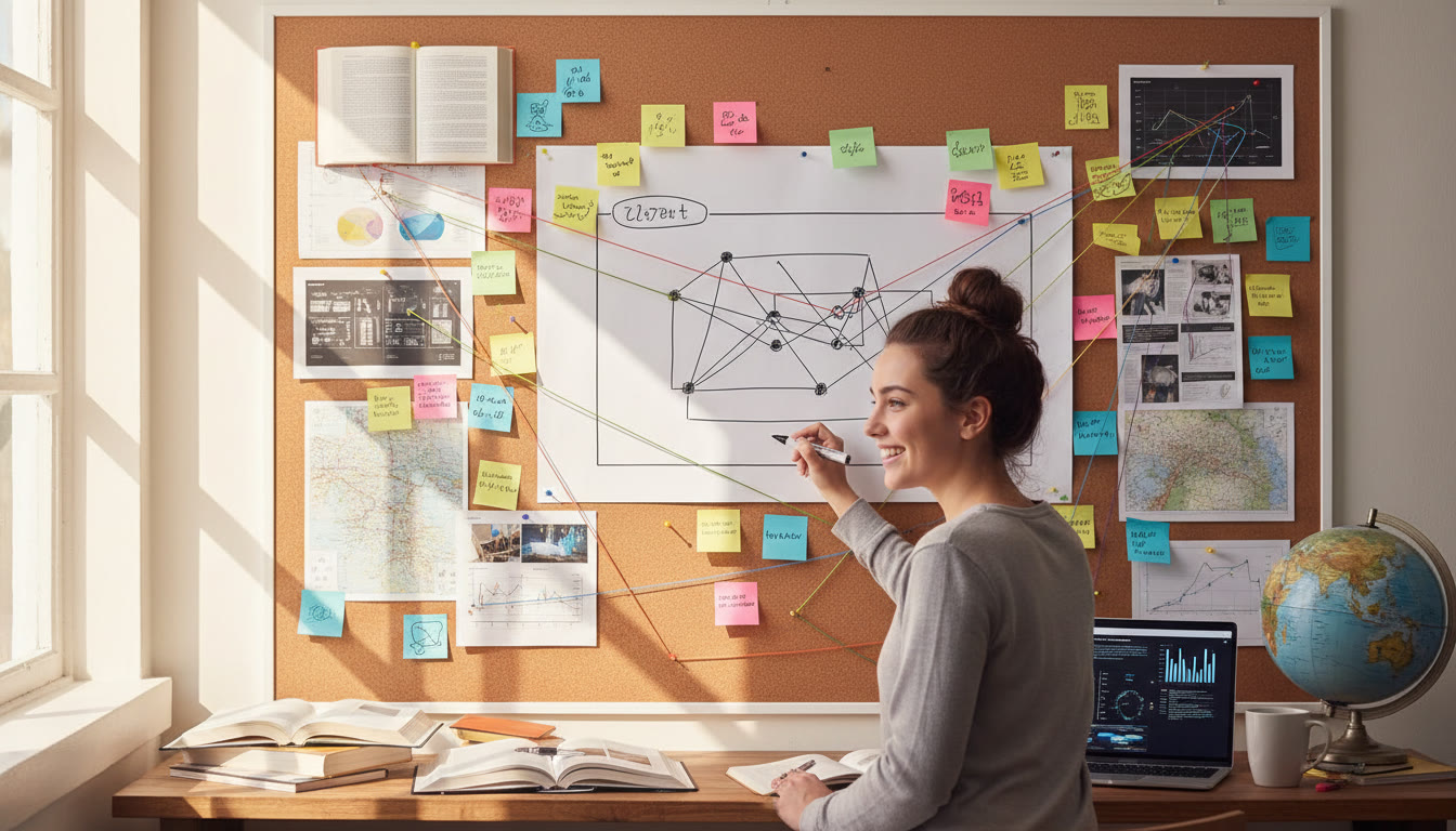 Photo Idea : A student writing an Extended Essay outline on a corkboard with pinned sources and colorful sticky notes